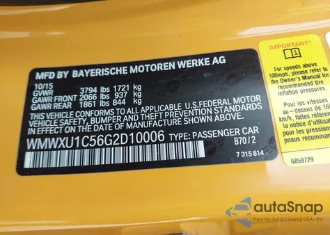 2016 Mini Hardtop Cooper z USA, uszkodzony, nr VIN WMWXU1C56G2D10006